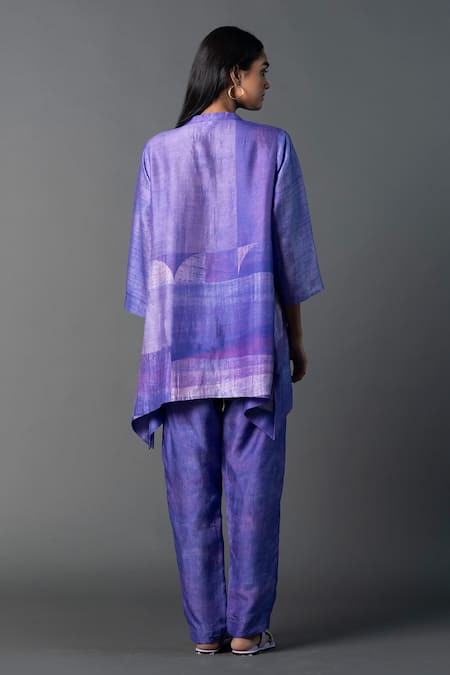 Shop_Clos_Purple Silk Mandarin Collar A-line Abstract Print Kurta With Pant _at_Aza_Fashions