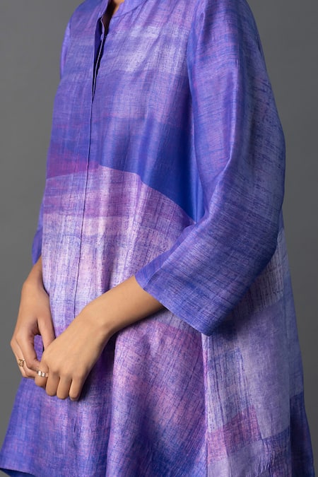 Clos_Purple Silk Mandarin Collar A-line Abstract Print Kurta With Pant _Online_at_Aza_Fashions