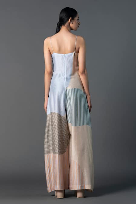 Shop_Clos_Cream Silk V-neck Geometric Print Jumpsuit _at_Aza_Fashions