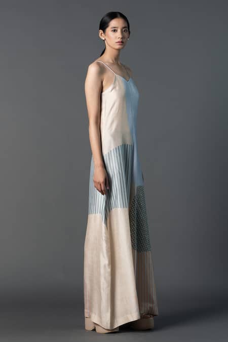 Clos_Cream Silk V-neck Geometric Print Jumpsuit _Online_at_Aza_Fashions