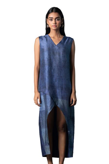 Shop_Clos_Blue Silk V-neck Asymmetric Vogue Tulip-cut Dress _Online_at_Aza_Fashions