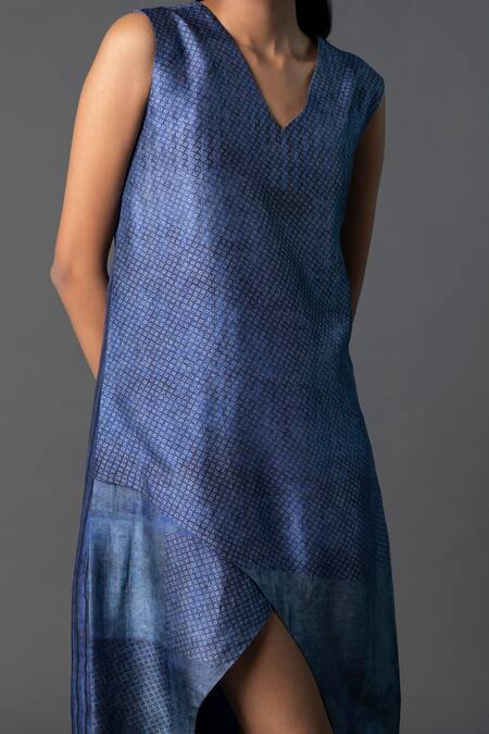 Clos_Blue Silk V-neck Asymmetric Vogue Tulip-cut Dress _at_Aza_Fashions