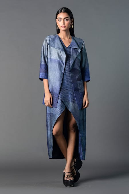 Clos Blue Dupion Silk Printed Geometric Asymmetric Tulip-cut Dress With Crop Jacket