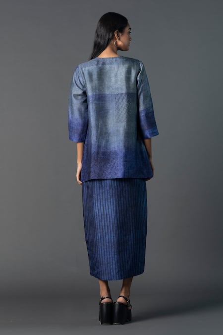 Shop_Clos_Blue Silk V-, Open Asymmetric Tulip-cut Dress With Crop Jacket _at_Aza_Fashions