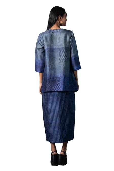 Clos_Blue Silk V-, Open Asymmetric Tulip-cut Dress With Crop Jacket _Online_at_Aza_Fashions