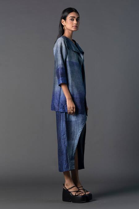 Buy_Clos_Blue Silk V-, Open Asymmetric Tulip-cut Dress With Crop Jacket _Online_at_Aza_Fashions