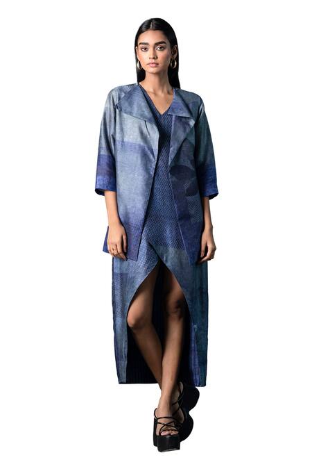 Shop_Clos_Blue Silk V-, Open Asymmetric Tulip-cut Dress With Crop Jacket _Online_at_Aza_Fashions