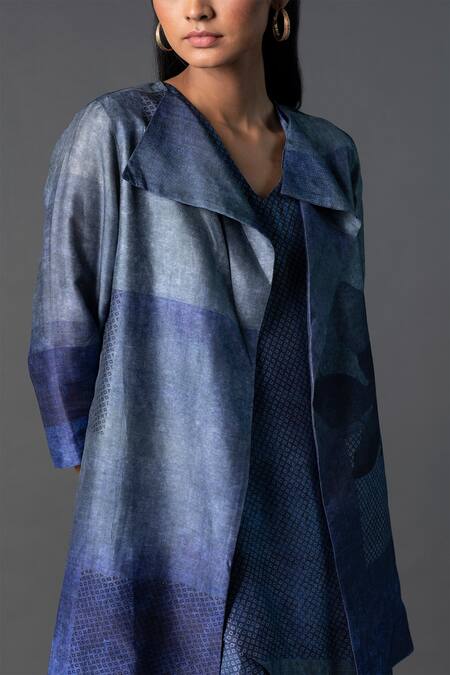 Clos_Blue Silk V-, Open Asymmetric Tulip-cut Dress With Crop Jacket _at_Aza_Fashions