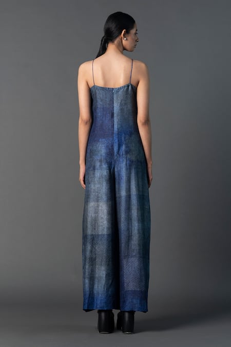 Shop_Clos_Blue Silk V-neck Abstract Geometric Print Jumpsuit _at_Aza_Fashions