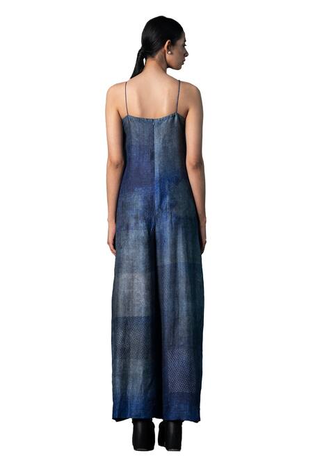 Buy_Clos_Blue Silk V-neck Abstract Geometric Print Jumpsuit _Online_at_Aza_Fashions