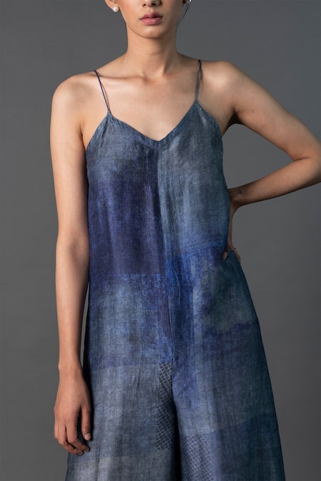 Shop_Clos_Blue Silk V-neck Abstract Geometric Print Jumpsuit _Online_at_Aza_Fashions