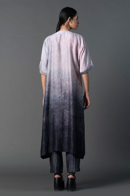 Shop_Clos_Grey Silk, Cotton Embroidery Round Neck Ombre Floral Print Kurta With Pant _at_Aza_Fashions