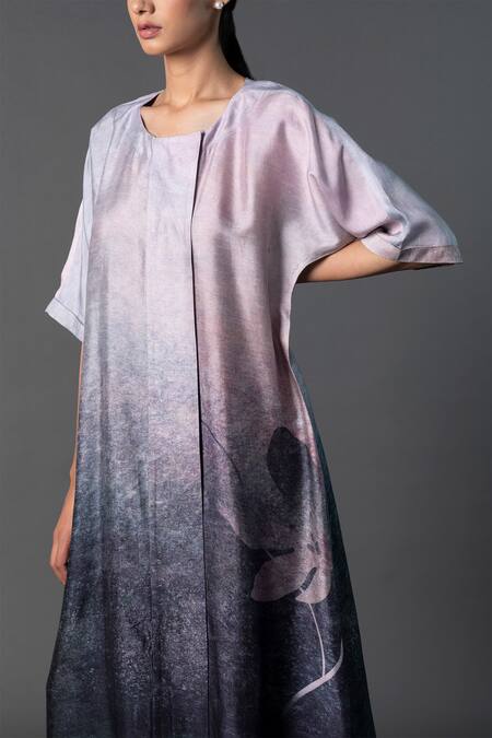 Clos_Grey Silk, Cotton Embroidery Round Neck Ombre Floral Print Kurta With Pant _Online_at_Aza_Fashions