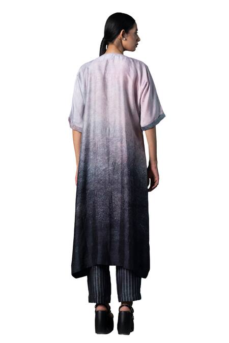 Buy_Clos_Grey Silk, Cotton Embroidery Round Neck Ombre Floral Print Kurta With Pant _Online_at_Aza_Fashions