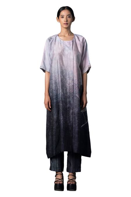 Shop_Clos_Grey Silk, Cotton Embroidery Round Neck Ombre Floral Print Kurta With Pant _Online_at_Aza_Fashions