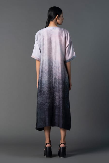 Shop Clos Grey Silk Round Neck Ombre Floral Print Dress at Aza Fashions Shop_Clos_Grey Silk Round Neck Ombre Floral Print Dress _at_Aza_Fashions