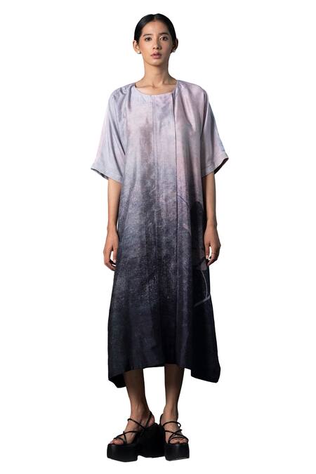 Clos Grey Silk Round Neck Ombre Floral Print Dress Online at Aza Fashions Clos_Grey Silk Round Neck Ombre Floral Print Dress _Online_at_Aza_Fashions