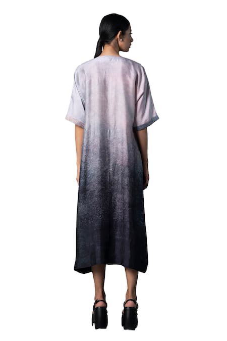 Shop Clos Grey Silk Round Neck Ombre Floral Print Dress Online at Aza Fashions Shop_Clos_Grey Silk Round Neck Ombre Floral Print Dress _Online_at_Aza_Fashions