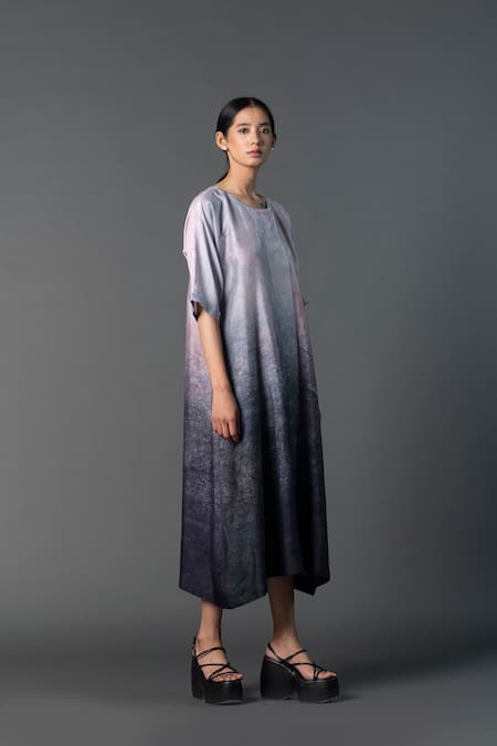 Clos Grey Silk Round Neck Ombre Floral Print Dress at Aza Fashions Clos_Grey Silk Round Neck Ombre Floral Print Dress _at_Aza_Fashions