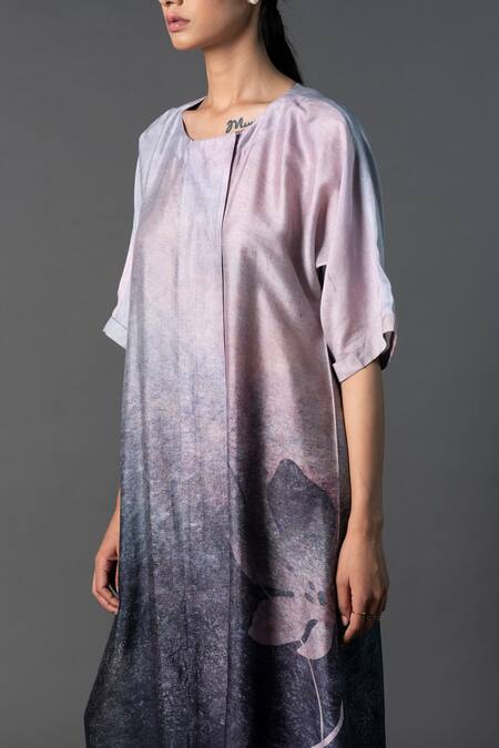 Buy Clos Grey Silk Round Neck Ombre Floral Print Dress Buy_Clos_Grey Silk Round Neck Ombre Floral Print Dress