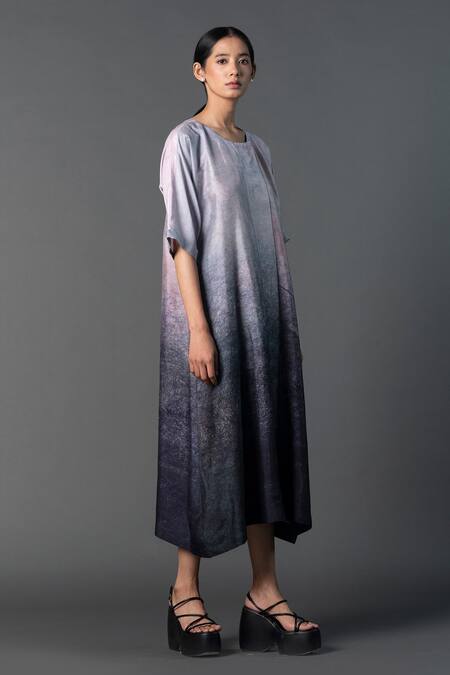 Shop Clos Grey Silk Round Neck Ombre Floral Print Dress Shop_Clos_Grey Silk Round Neck Ombre Floral Print Dress