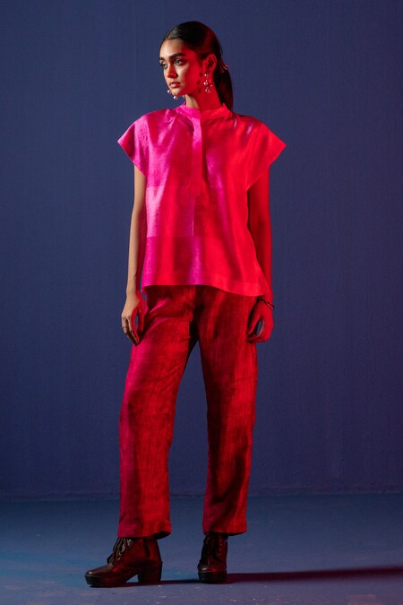 Clos Pink Dupion Silk Printed Abstract Geometrical Mandarin Kaftan Top With Pant
