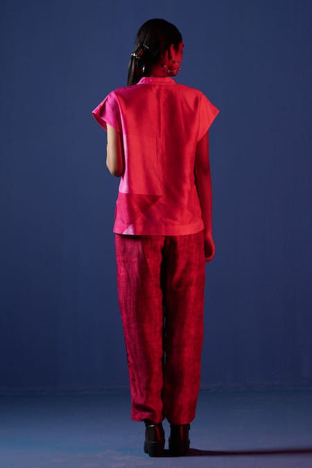 Shop_Clos_Pink Silk Mandarin Collar Geometric Print Kaftan Top With Pant _at_Aza_Fashions