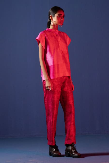 Clos_Pink Silk Mandarin Collar Geometric Print Kaftan Top With Pant _Online_at_Aza_Fashions