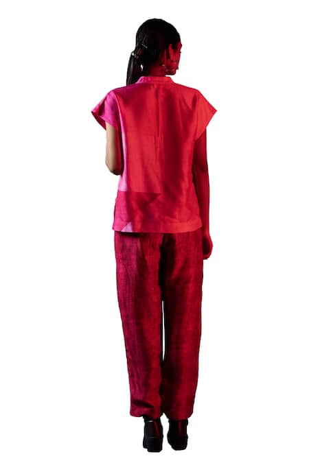 Buy_Clos_Pink Silk Mandarin Collar Geometric Print Kaftan Top With Pant _Online_at_Aza_Fashions