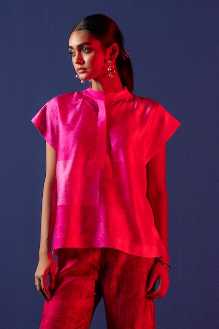 Shop_Clos_Pink Silk Mandarin Collar Geometric Print Kaftan Top With Pant _Online_at_Aza_Fashions