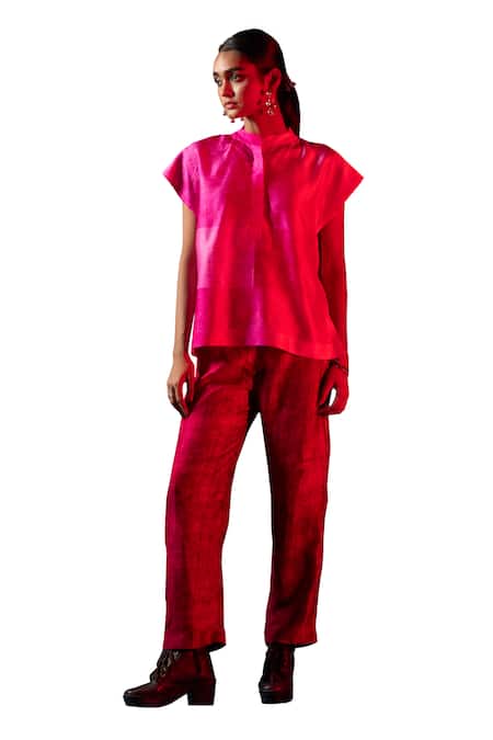 Clos_Pink Silk Mandarin Collar Geometric Print Kaftan Top With Pant _at_Aza_Fashions