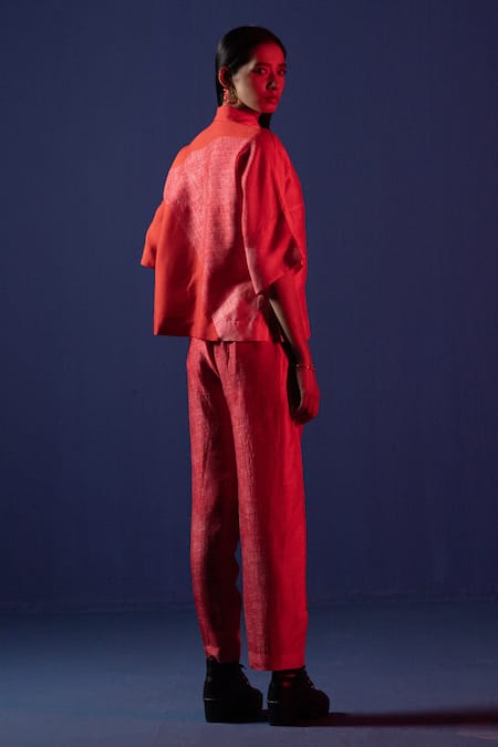 Shop Clos Pink Silk Collared Abstract Print Boxy Shirt With Pant at Aza Fashions Shop_Clos_Pink Silk Collared Abstract Print Boxy Shirt With Pant _at_Aza_Fashions