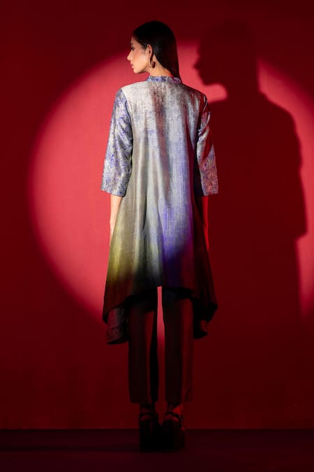 Shop_Clos_Blue Dupion, Silk Mandarin Collar Geometric Print Kurta And Pant Set _at_Aza_Fashions