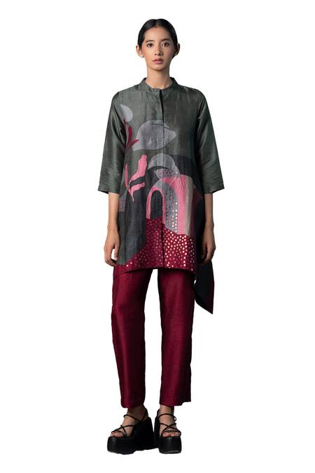 Buy Clos Grey Silk Sequins Mandarin Collar Embroidered Kurta With Pant Buy_Clos_Grey Silk Sequins Mandarin Collar Embroidered Kurta With Pant