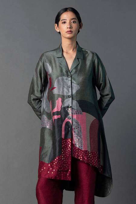 Shop_Clos_Grey Silk Sequins Collared Abstract Print Kurta With Pant _Online_at_Aza_Fashions