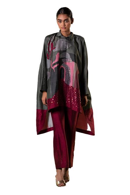 Buy_Clos_Grey Silk Sequins, Embroidery Collared Kurta And Pant Set _Online_at_Aza_Fashions