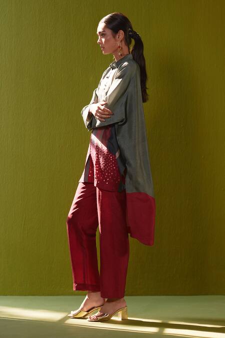 Buy_Clos_Grey Silk Sequins, Embroidery Collared Kurta And Pant Set 