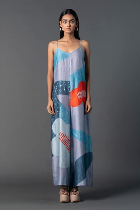 Clos Blue Dupion Silk Printed Geometric Floral V-neck Jumpsuit