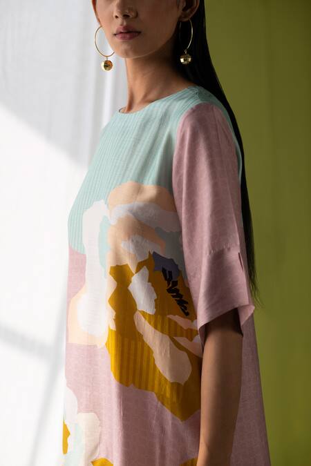 Clos_Pink Silk Round Neck Abstract Print Kurta And Pant Set _Online_at_Aza_Fashions