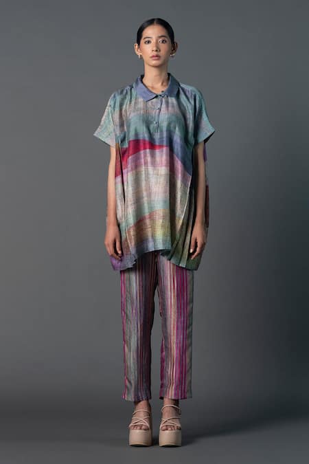 Clos Blue Dupion Silk Printed Abstract Collared Boxy Top With Pant