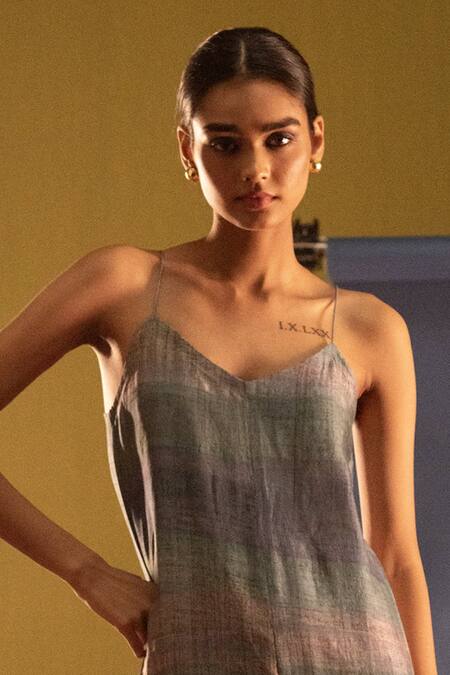 Clos Multi Color Silk V-neck Linear Print Jumpsuit Online at Aza Fashions Clos_Multi Color Silk V-neck Linear Print Jumpsuit _Online_at_Aza_Fashions