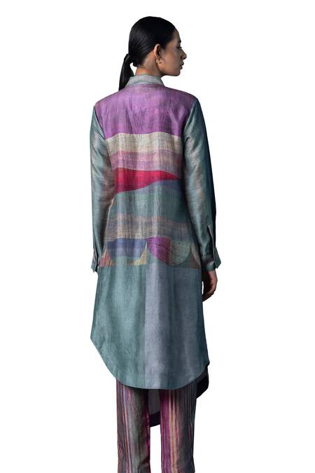 Buy_Clos_Grey Silk Collared Asymmetric Printed Kurta With Pant _Online_at_Aza_Fashions