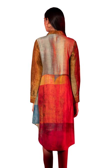 Clos_Gold Silk Collared Asymmetric Printed Kurta _Online_at_Aza_Fashions