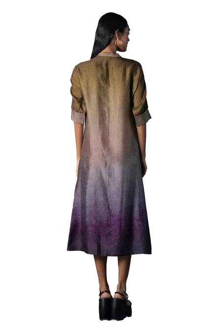 Buy_Clos_Purple Silk Embroidery Collared Straight Ombre Print Panelled Kurta With Pant _Online_at_Aza_Fashions
