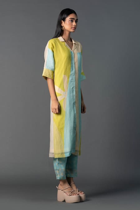 Buy_Clos_Sky Blue Silk, Cotton Collared Abstract Print Straight Shirt Kurta With Pant _Online_at_Aza_Fashions