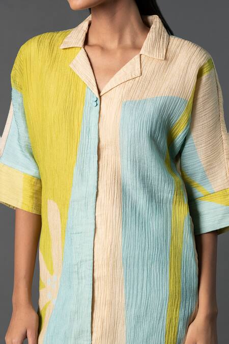 Shop_Clos_Sky Blue Silk, Cotton Collared Abstract Print Straight Shirt Kurta With Pant _Online_at_Aza_Fashions