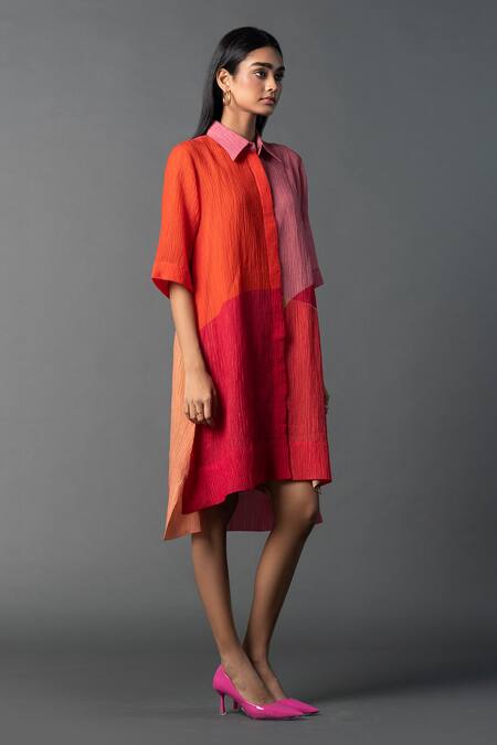 Clos_Multi Color Collared Block Print Straight Shirt Kurta With Satin Top _Online_at_Aza_Fashions