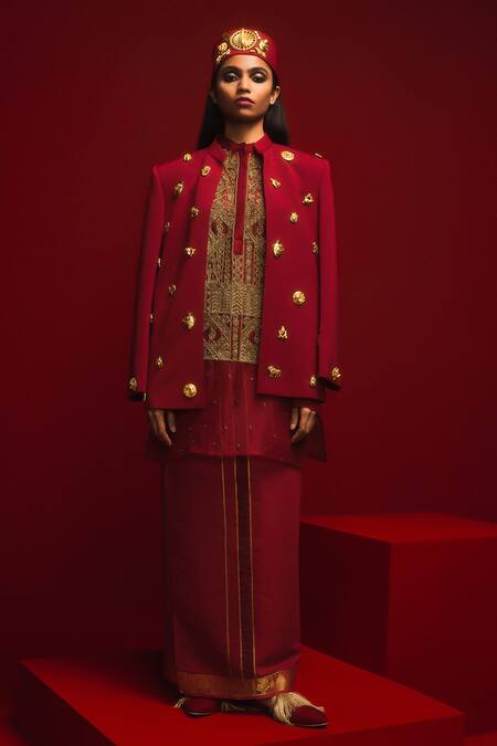 Masaba_Red Crepe Embroidery Collared The Crimson All Star Jacket _Online_at_Aza_Fashions