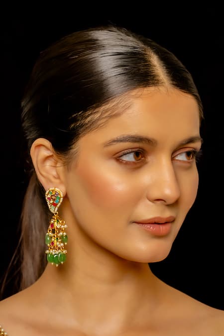 Shop_Shlok Jewels_Multi Color Stones Mor Kundan Jhumka Earrings _at_Aza_Fashions