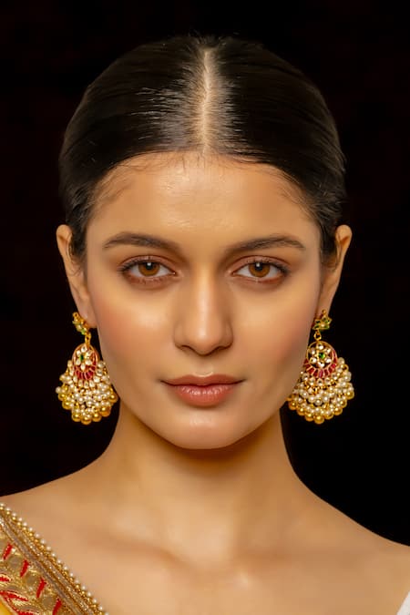 Shop_Shlok Jewels_Multi Color Pearls Phool And Kundan Studded Chandbalis _at_Aza_Fashions